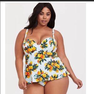 BLUE GINGHAM & ORANGES PUSH-UP  ONE-PIECE SWIMSUIT